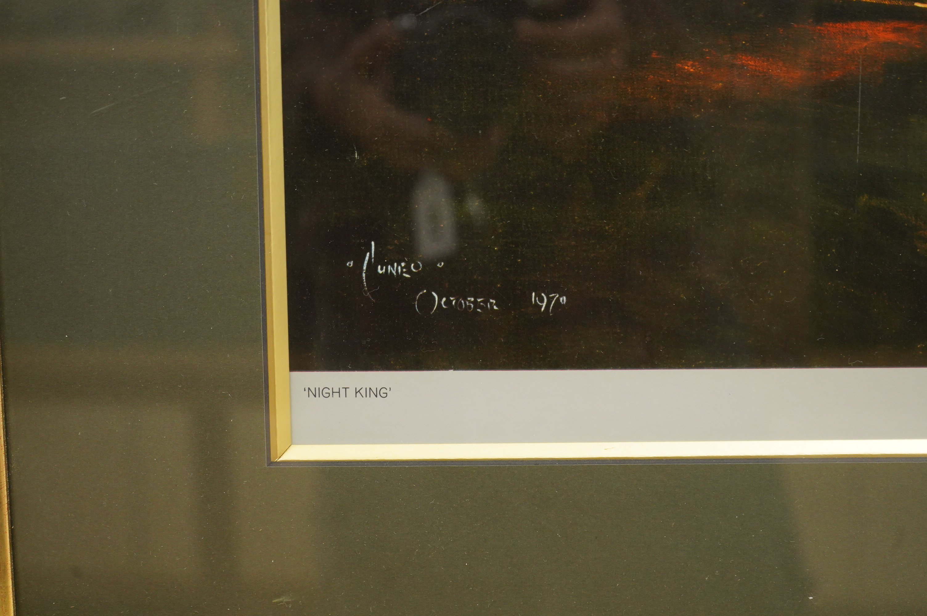 Terrence Cuneo, a signed framed railway print; ‘Night King’, of GWR King class 4-6-0 tender locomotive, King George V, running at night, signed in pencil with dedication within the margin, overall dimensions; 73.5 x 115.